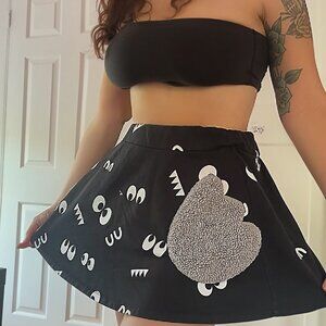 Kawaii Style Black Mini Skirt with Monster Eyes Print & Fuzzy Bear Patch Size M